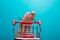 Funny fingers shopping at supermarket with red cart trolley on blue background