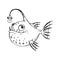 Funny fish. Black and white drawing in a cartoon style. Fish with a flashlight. Vector illustration, isolated on white