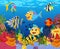 Funny fish cartoon with beauty sea life background