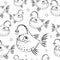 Funny fish pattern. Hand drawn fishes with flashlights in a cartoon style on white background. Vector seamless backdrop