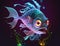 Funny fish violet purple neon glowing, amusing humorous underwater fish face smartass nerd concept