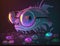Funny fish violet purple neon glowing, amusing humorous underwater fish face smartass nerd concept