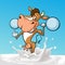 Funny fitness strong cow cartoon standing in milk splash - vector