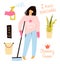 Funny flat housekeeper girl, sad and unhappy. Modern housewife hates cleaning house. Fun vector cartoon and lettering.