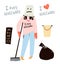 Funny flat housekeeper woman, sad and unhappy. Modern housewife hates cleaning house. Funny vector cartoon and hand