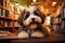 Funny fluffy happy dog reading book in pets friendly library