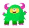 Funny Fluffy Monster with Bright Green Fur and Pink Horns and Hooves Isolated on White Background. Cute Alien
