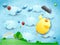 Funny flying chick with umbrella on surreal background