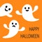 Funny flying ghost. Smiling and sad face with tooth. Happy Halloween. Greeting card. Cute cartoon character. Scary spirit. Baby co