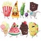 Funny food characters dancing conga. Popcorn, pizza, cucumber, olives, chocolate, ice cream, watermelon, cupcake, taco. Digital