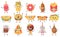 Funny food mascots. Cute doodle junk food mascot, fast food with faces, happy cheeseburger, pizza and croissant vector