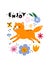 Funny fox card. Nordic kids style animal. Cartoon forest wildlife character. Enjoying cute predator. Orange vixen with