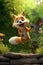 Funny fox leaping and jumping in air in the garden