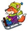 Funny fox rides on sleigh or sled