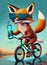 Funny fox riding a bicycle with a bottle of water in his hand