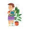 Funny Freckled Boy Standing with Pile of Books Near Plant in Flowerpot Vector Illustration