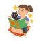 Funny Freckled Girl Sitting on Pillow with Open Book in Her Hands and Reading Vector Illustration