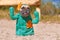 Funny French Buldog dog dressed up with cactus costume with fake arms and orange fowers standing on sandy ground