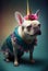 A funny french bulldog dog in a unicorn costume with a golden cone on head