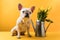 Funny french bulldog sitting near watering can with yellow tulips