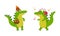 Funny friendly crocodile in everyday activities set. Cute green croc character picking mushrooms and listening music