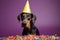 Funny, friendly and cute Doberman Pinscher wearing a birthday party hat in studio, on a vibrant, colorful background