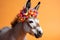 Funny and friendly cute donkey or mule wearing a brithday party hat in studio, on a vibrant, colorful background. Generative AI