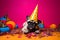 Funny and friendly cute French Bulldog wearing a birthday party hat in studio, on a vibrant, colorful background. Generative