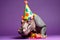 Funny and friendly cute hippopotamus wearing a brithday party hat in studio, on a vibrant, colorful background. Generative AI