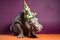 Funny and friendly cute hippopotamus wearing a brithday party hat in studio, on a vibrant, colorful background. Generative AI