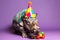 Funny and friendly cute hippopotamus wearing a brithday party hat in studio, on a vibrant, colorful background. Generative AI