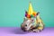 Funny and friendly cute hippopotamus wearing a brithday party hat in studio, on a vibrant, colorful background. Generative AI