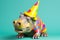 Funny and friendly cute hippopotamus wearing a brithday party hat in studio, on a vibrant, colorful background. Generative AI