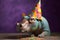 Funny and friendly cute hippopotamus wearing a brithday party hat in studio, on a vibrant, colorful background. Generative AI