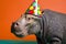 Funny and friendly cute hippopotamus wearing a brithday party hat in studio, on a vibrant, colorful background. Generative AI