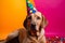 Funny and friendly cute Labrador Retriever wearing a birthday party hat in studio, on a vibrant, colorful background.