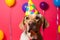 Funny and friendly cute Labrador Retriever wearing a birthday party hat in studio, on a vibrant, colorful background.