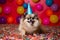 Funny and friendly cute Pomeranian wearing a birthday party hat in studio, on a vibrant, colorful background. Generative AI