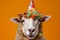 Funny and friendly cute sheep wearing a brithday party hat in studio, on a vibrant, colorful background. Generative AI