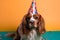 Funny and friendly King Charles Spaniel wearing a brithday party hat in studio, on a vibrant, colorful background.