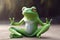 Funny frog do yoga pose on wooden table with blur background, Generative AI