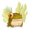 Funny frog in the grass, vector illustration. Calm cartoon froglet against the grass