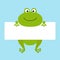 Funny frog hanging on paper board template. Big eyes. Kawaii animal body. Cute cartoon character. Baby card. Flat design style. Bl