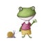 Funny frog with snail as pet, watercolor style illustration, wall sticker with cartoon character