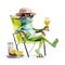 Funny frog wearing summer hat and stylish sunglasses, holding glass with ice drink on beach chair isolated over white background.