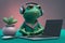 funny Frog work hard at office with computer. High quality photo