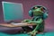 funny Frog work hard at office with computer. High quality photo