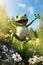 Funny froggy leaping and jumping in air in the garden