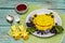 Funny froggy pancake for kids with fresh blueberries