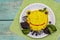 Funny froggy pancake for kids with fresh blueberries